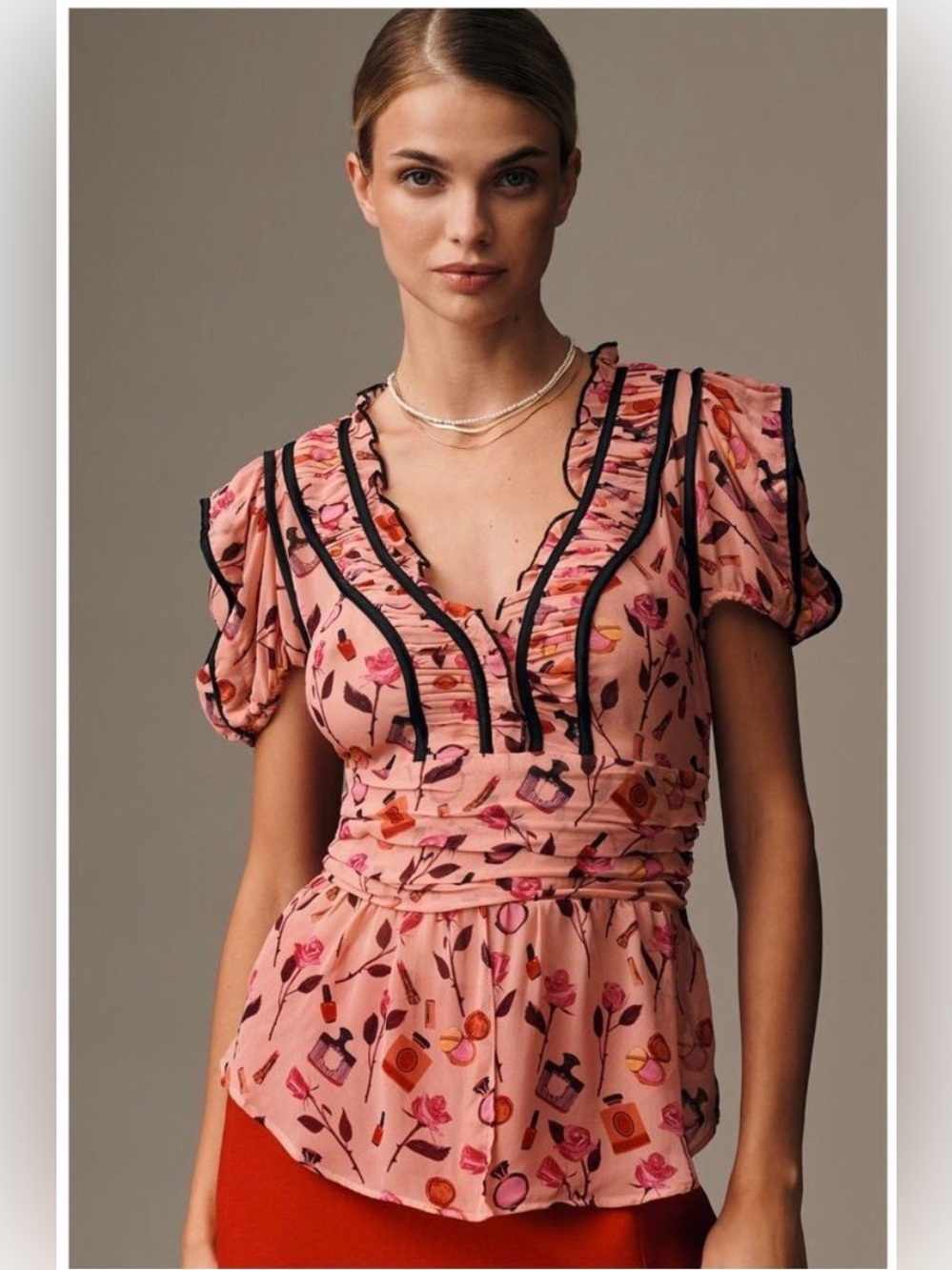 NWT - Maeve V Neck Puff Sleeve Printed Blouse Size M